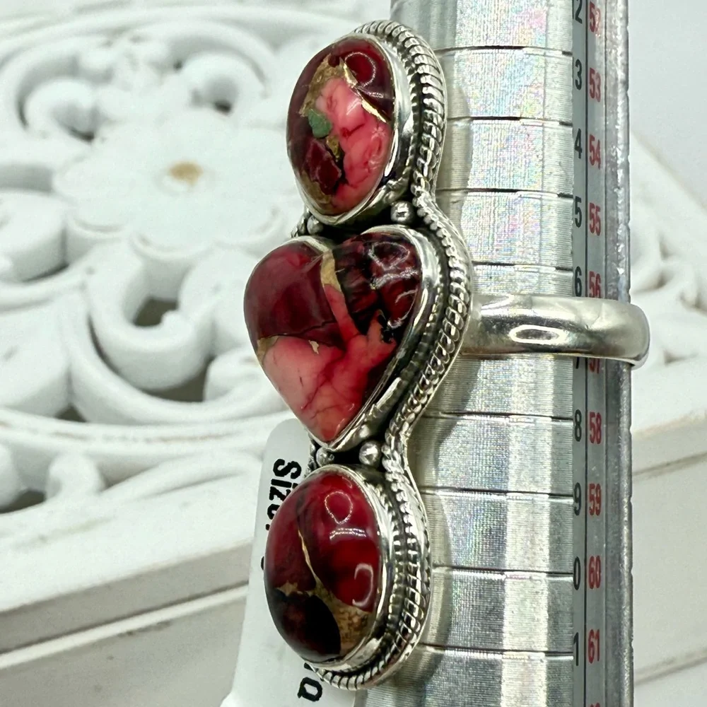 Sterling Silver Red Dahlia Turquoise Triple Stone Statement Ring – Size 8 (10.4g